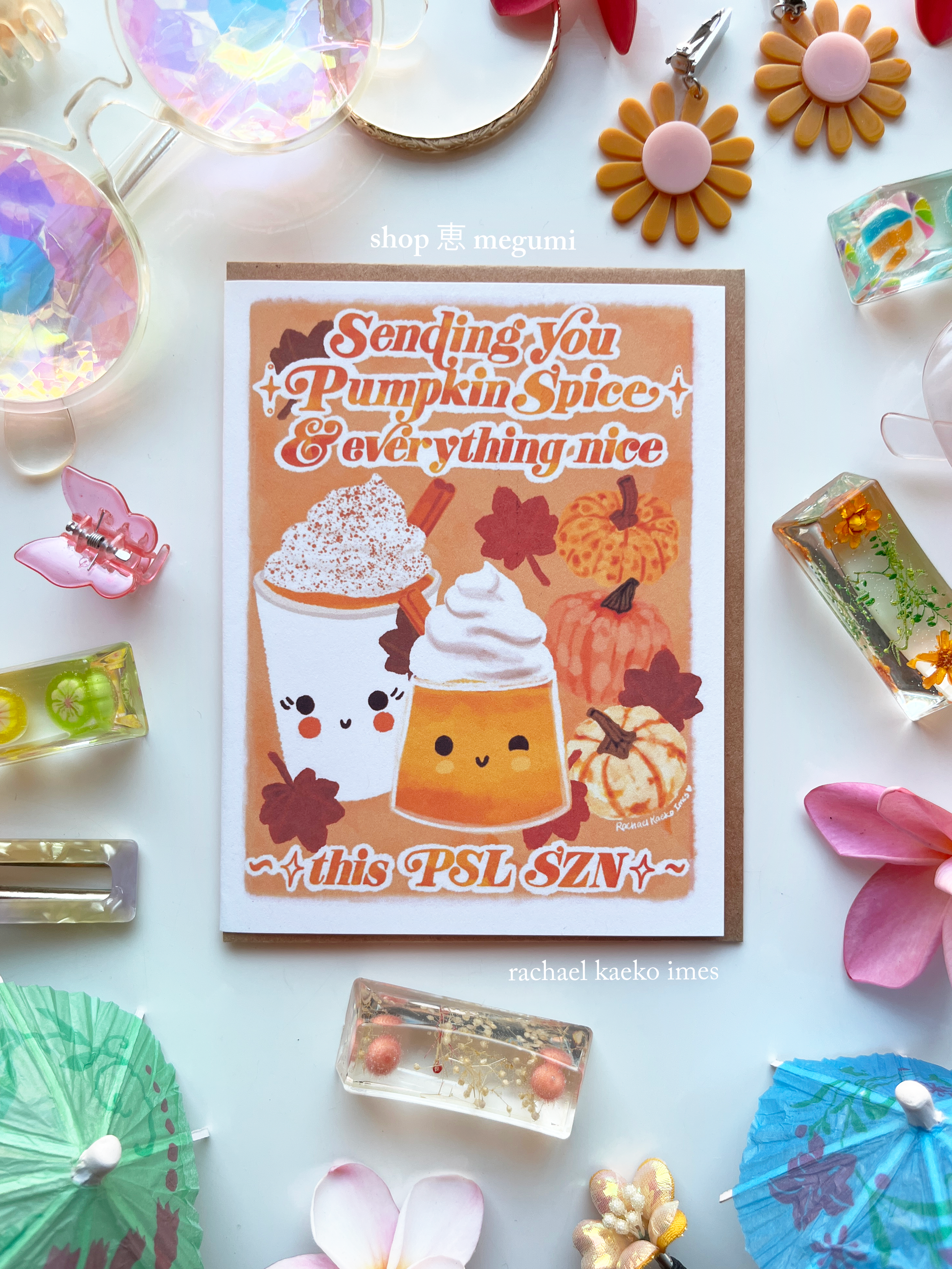 Autumn-themed greeting card with pumpkin spice latte illustration and "Sending You Pumpkin Spice and Everything Nice" text on a colorful background