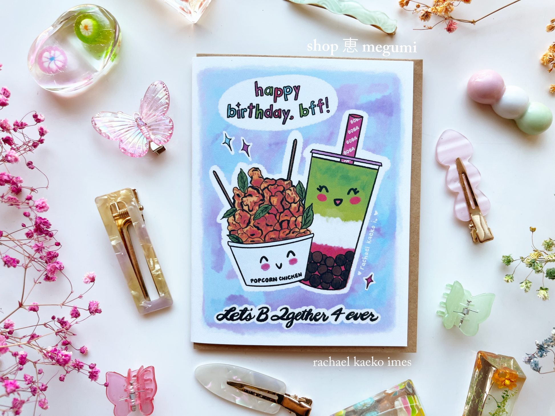 Kawaii boba greeting card with colorful strawberry matcha boba illustration and smiling popcorn chicken and text that reads "happy birthday, bff! let's b together forever" on a decorative background